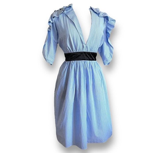 Manoush Womens Dress Sz 42 US 10 Blue White Stripe Ruffle Sleeve Plunge Neckline - Picture 4 of 11